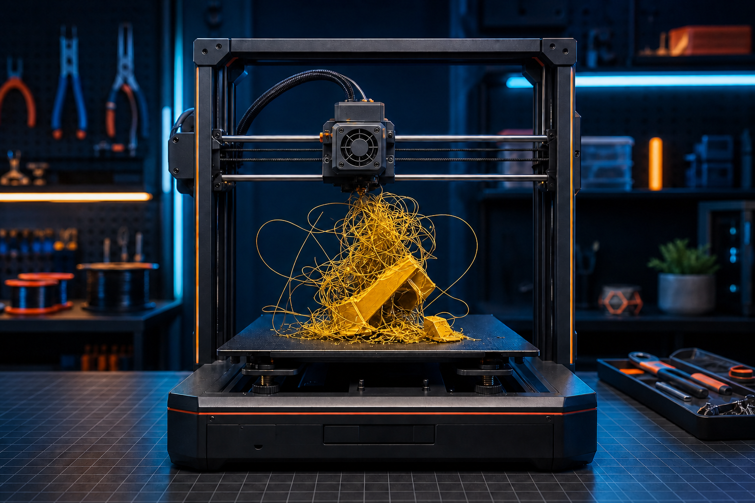 Impresora 3D con una impresión fallida